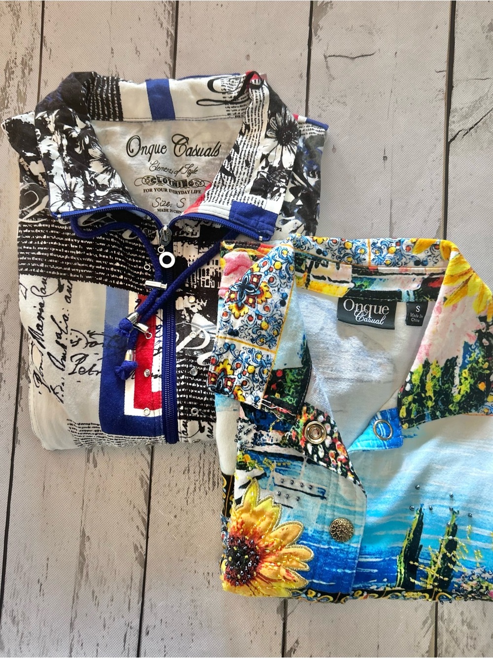 Two Onque Casuals Women Villa and Paris inspired tops Sz S 95% Cotton Bundle